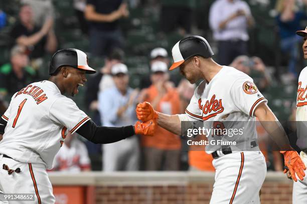 Chris Davis of the Baltimore Orioles celebrates with Tim Beckham after hitting a home run against the Seattle Mariners at Oriole Park at Camden Yards...