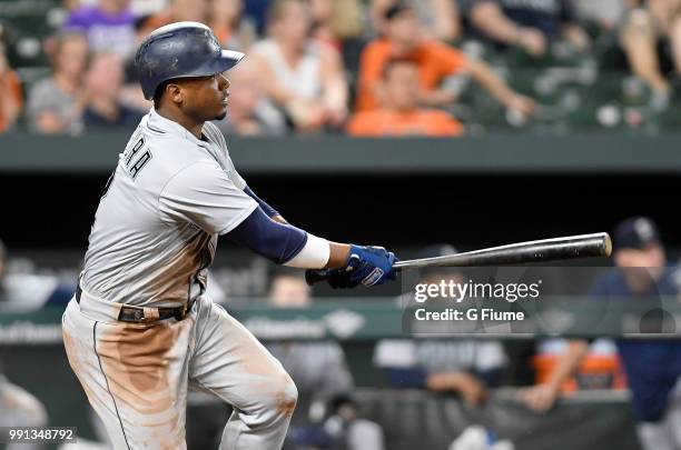 Jean Segura of the Seattle Mariners bats against the Baltimore Orioles at Oriole Park at Camden Yards on June 27, 2018 in Baltimore, Maryland.