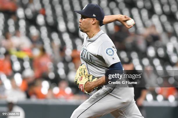 Edwin Diaz of the Seattle Mariners pitches in the eleventh inning against the Baltimore Orioles at Oriole Park at Camden Yards on June 27, 2018 in...