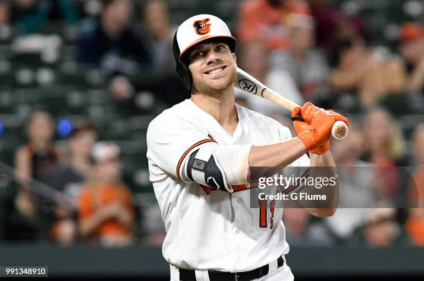 Chris Davis of the Baltimore Orioles reacts after striking out in the eleventh inning against the Seattle Mariners at Oriole Park at Camden Yards on...