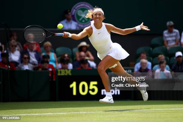 Victoria Azarenka of Belarus returns against Karolina Pliskova of Czech Republic during their Ladies' Singles second round match on day three of the...