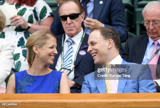 Lady Gabriella Windsor and Lord Frederick Windsor sit in the royal box on day three of the Wimbledon Tennis Championships at the All England Lawn...