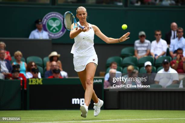 Karolina Pliskova of Czech Republic returns against Victoria Azarenka of Belarus during their Ladies' Singles second round match on day three of the...