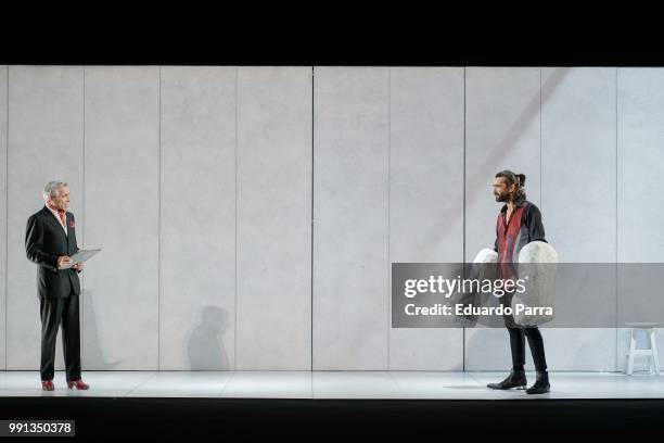 Actor Imanol Arias and actor Aitor Luna perform the play 'La vida a palos' at El Canal theatre on July 4, 2018 in Madrid, Spain.