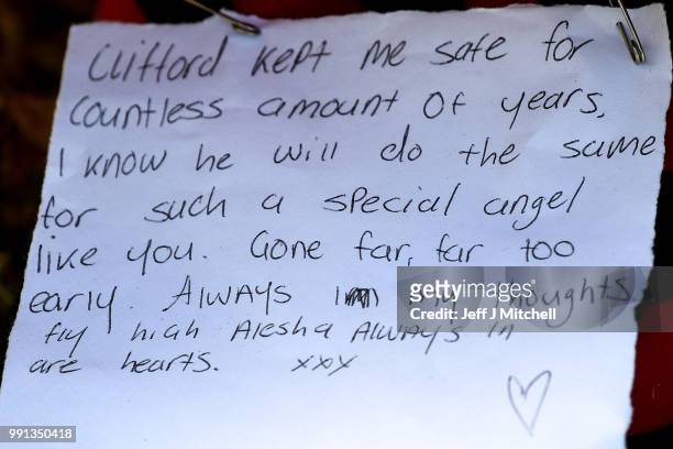 Note is lift in tribute at a house on Ardbeg Road on the Isle of Bute following the conformation that six year old schoolgirl Alesha MacPhail was...