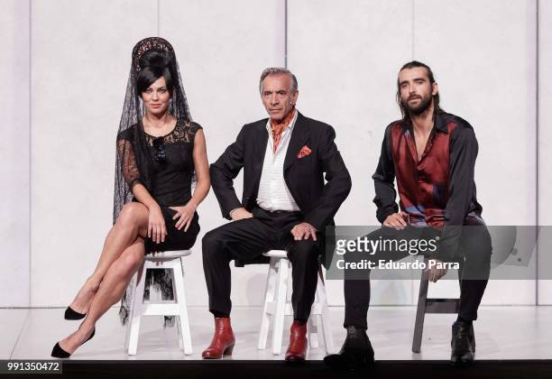 Actor Imanol Arias , actress Guadalupe Lancho and actor Aitor Luna perform the play 'La vida a palos' at El Canal theatre on July 4, 2018 in Madrid,...