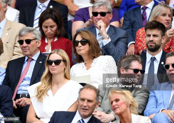 Carole and Michael Middleton and Gerard Pique sit in the royal box on day three of the Wimbledon Tennis Championships at the All England Lawn Tennis...
