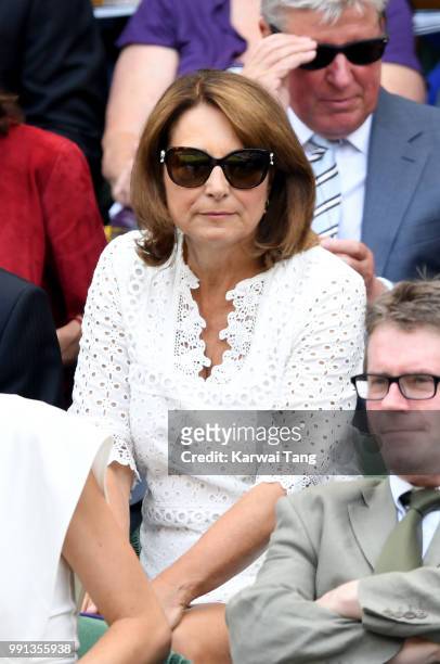 Carole Middleton sits in the royal box on day three of the Wimbledon Tennis Championships at the All England Lawn Tennis and Croquet Club on July 4,...