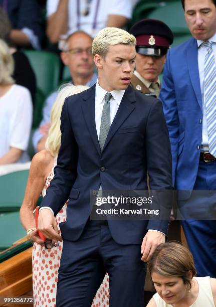 Will Poulter in the royal box on day three of the Wimbledon Tennis Championships at the All England Lawn Tennis and Croquet Club on July 4, 2018 in...