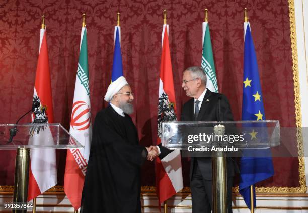 Iranian President Hassan Rouhani holds a press conference with Austrian President Alexander Van der Bellen in Vienna, Austria on February 4, 2018.