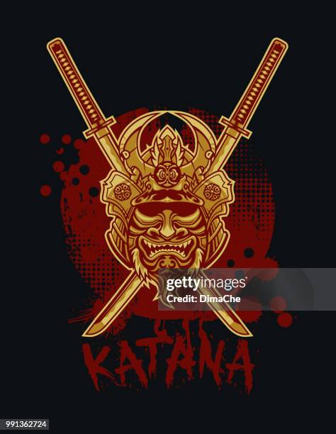 stockillustraties, clipart, cartoons en iconen met japanse samurai masker met katana embleem - tracery