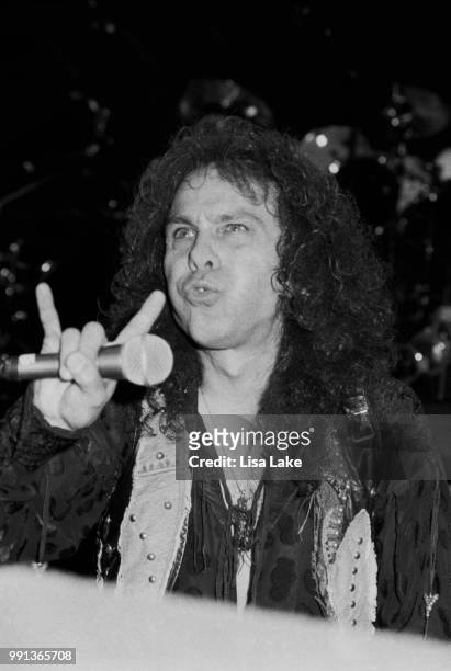 Ronnie James Dio performs on August 11, 1990 in Allentown, Pennsylvania.