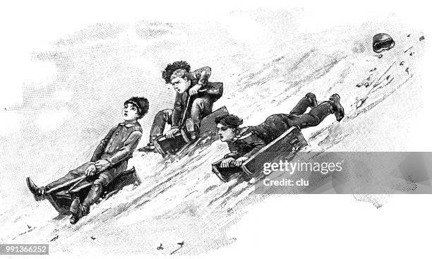 boys on risked sledding on the slope - child sledding stock illustrations