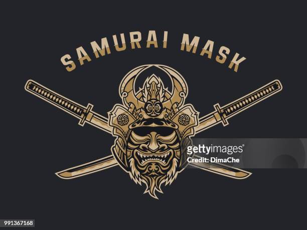 ilustraciones, imágenes clip art, dibujos animados e iconos de stock de máscara de monstruo de samurai con katana emblema - casco militar