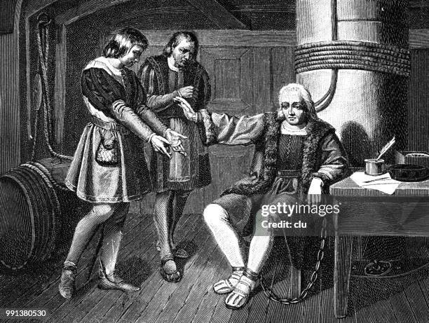 christopher columbus is brought back to spain as prisoner in chains - cristobal colon stock illustrations