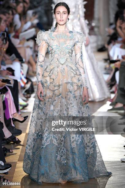 Anna Cleveland walks the runway during the Schiaparelli Haute Couture Fall Winter 2018/2019 fashion show as part of Paris Fashion Week on July 2,...