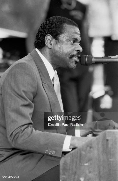 American singer Billy Preston performing on stage during the Chicago Gospel Festival at the Pritzker Pavillion in Chicago, Illinois, June 21, 1987.