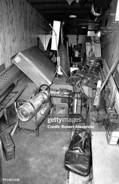 Racing equipment and spare parts for car No. 1 driven by Buddy Baker fill the back of a race car hauler parked in the garage area at Daytona...