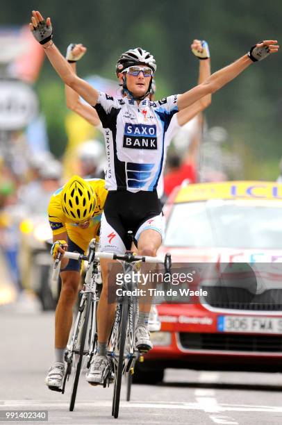 Tour De France 2009, Stage 17Arrival, Schleck Frank Celebration Joie Vreugde/ Schleck Andy White Jersey, Contador Alberto Yellow Jersey,...