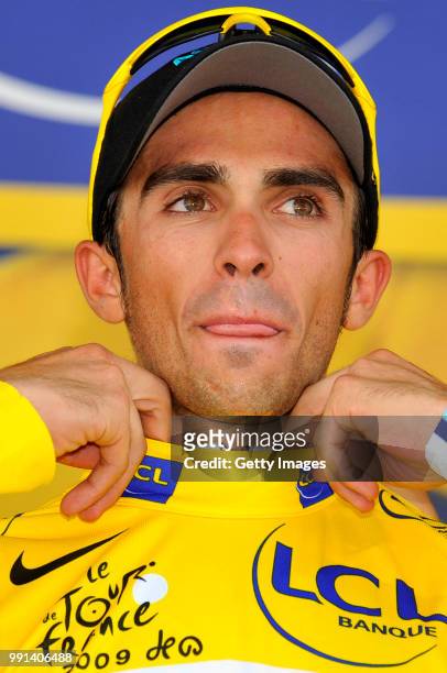 Tour De France 2009, Stage 19Podium, Contador Alberto Yellow Jersey, Celebration Joie Vreugde, Maillot Jaune Gele Trui /Bourgoin-Jallieu - Aubenas ,...