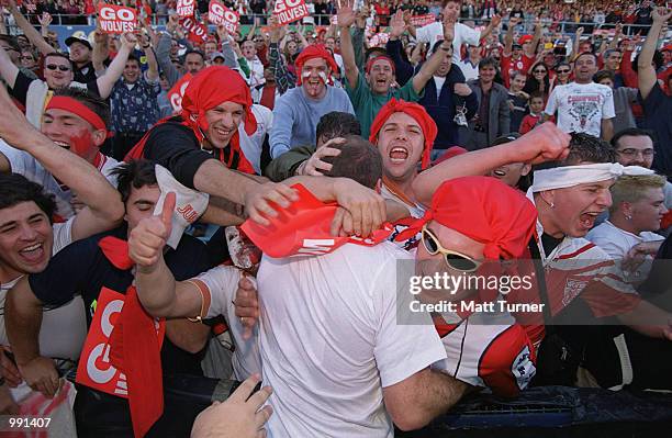 Alvin Ceccoli of the Wolves gets close attention from the fans afte the NSL Final between the Wollongong Wolves and South Melbourne held at the...