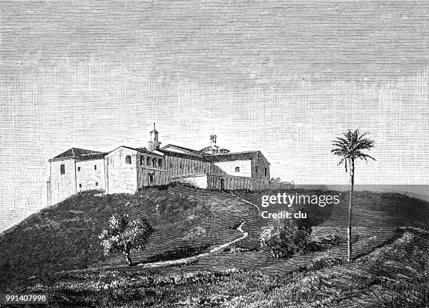 ilustraciones, imágenes clip art, dibujos animados e iconos de stock de monasterio de la rábida en españa - monasterio de la rabida