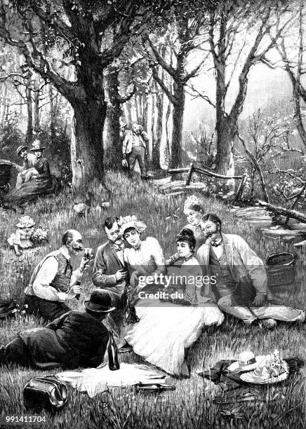 people having a picnic in the vienna woods - picnic stock illustrations