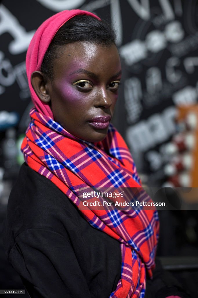 A model backstage at Mercedes Benz Joburg Fashion Week, South Africa