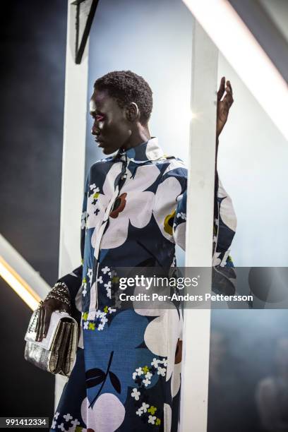 South Sudanese model Anyon Asola walks during a show with the South African designers KLuk CGDT on August 16, 2017 in Mall of Africa north of...