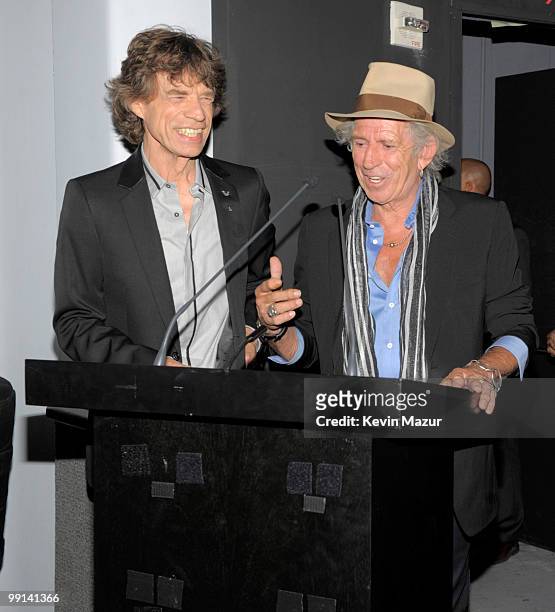Exclusive* Mick Jagger and Keith Richards of the Rolling Stones introduce "Stones in Exile" at The Museum of Modern Art on May 11, 2010 in New York...