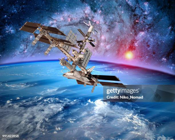 earth satellite space station spaceship orbit sci fi landscape. elements of this image furnished by - planets colliding stock pictures, royalty-free photos & images