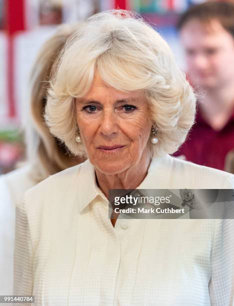 Camilla, Duchess of Cornwall during a visit to Llandovery Train Station on July 4, 2018 in Llandovery, Wales.