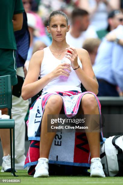 Karolina Pliskova of Czech Republic during a break in her Ladies' Singles second round match against Victoria Azarenka of Belarus on day three of the...