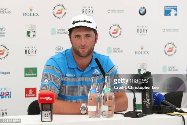 Jon Rahm of Spain talks to the media in the press conference during the Dubai Duty Free Irish Open Previews at Ballyliffin Golf Club on July 4, 2018...