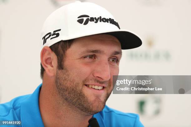Jon Rahm of Spain talks to the media in the press conference during the Dubai Duty Free Irish Open Previews at Ballyliffin Golf Club on July 4, 2018...
