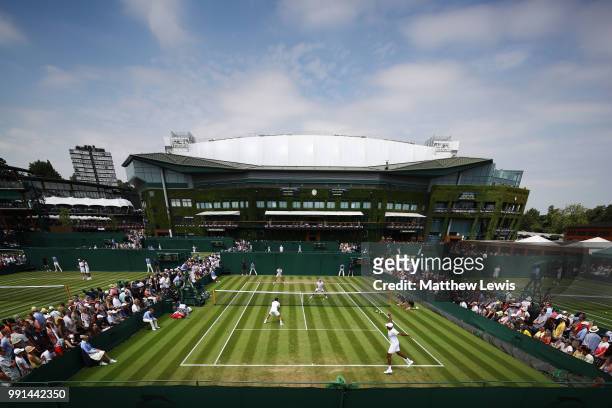 General view of Court Ten during the Men's Doubles first round match between Robin Haase of the Netherlands and Robert Lindstedt of Sweden and Ivan...