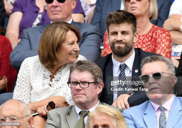 Carole Middleton and Gerard Pique sit in the royal box on day three of the Wimbledon Tennis Championships at the All England Lawn Tennis and Croquet...