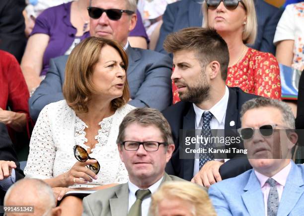 Carole Middleton and Gerard Pique sit in the royal box on day three of the Wimbledon Tennis Championships at the All England Lawn Tennis and Croquet...
