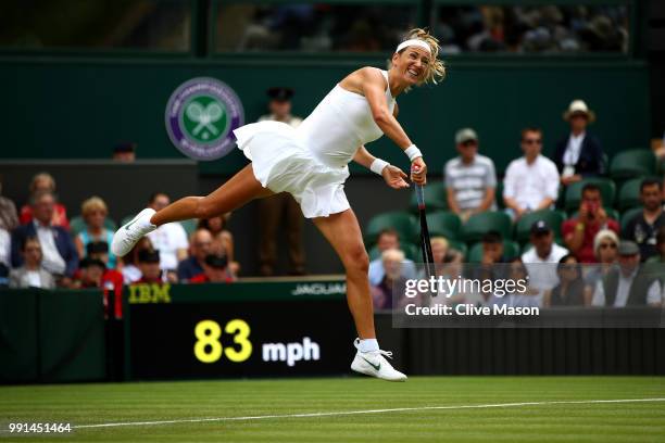 Victoria Azarenka of Belarus serves against Karolina Pliskova of Czech Republic during their Ladies' Singles second round match on day three of the...