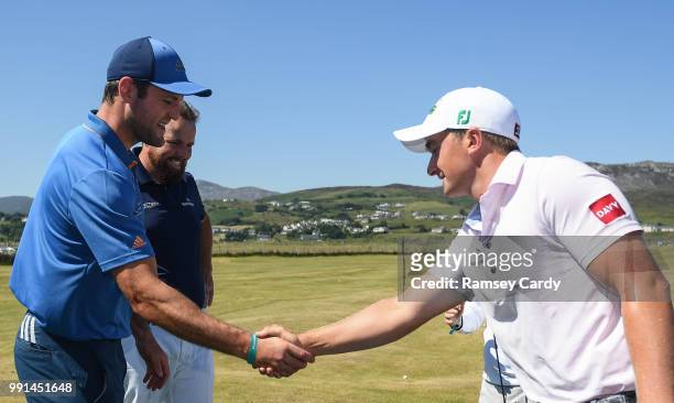 Donegal , Ireland - 4 July 2018; Donegal GAA player Michael Murphy, left, and Paul Dunne of Ireland shake hands during the Pro-Am round ahead of the...