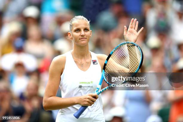 Karolina Pliskova of Czech Republic celebrates her victory over Victoria Azarenka of Belarus after their Ladies' Singles second round match on day...