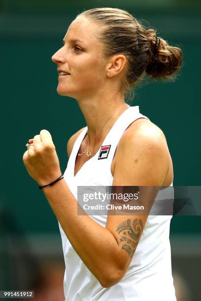 Karolina Pliskova of Czech Republic celebrates match point against Victoria Azarenka of Belarus during their Ladies' Singles second round match on...