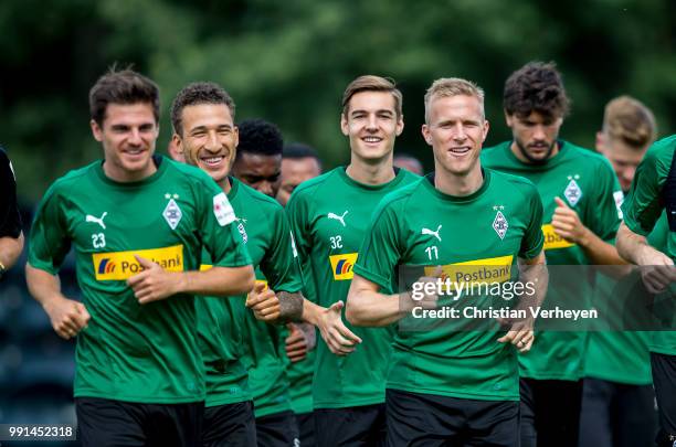 The Team runs during a training session of Borussia Moenchengladbach at Borussia-Park on July 04, 2018 in Moenchengladbach, Germany.