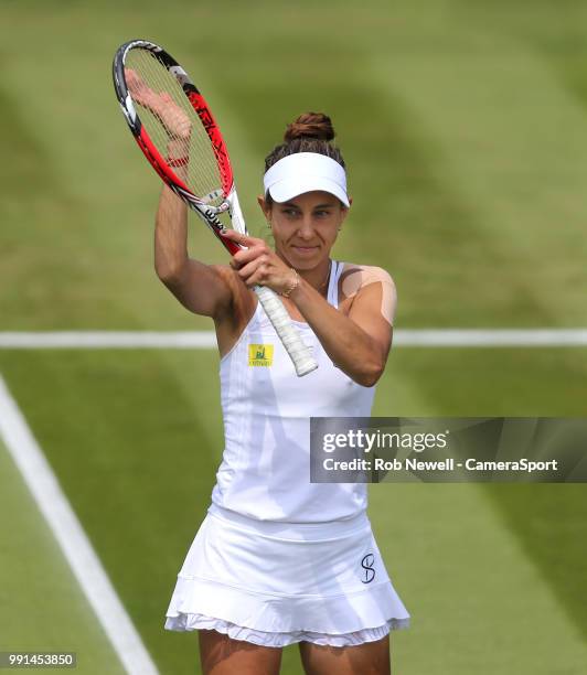 Mihaela Buzarnescu acknowledges the crowd after winning her match against Katie Swan at All England Lawn Tennis and Croquet Club on July 4, 2018 in...