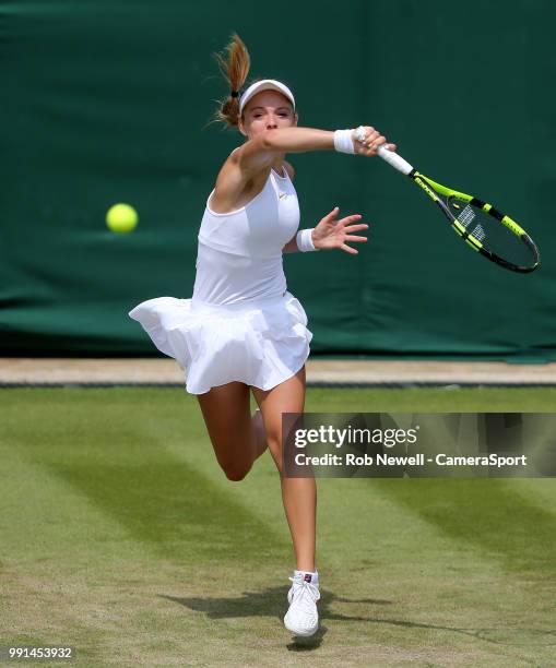 Katie Swan in action during her match against Mihaela Buzarnescu at All England Lawn Tennis and Croquet Club on July 4, 2018 in London, England.