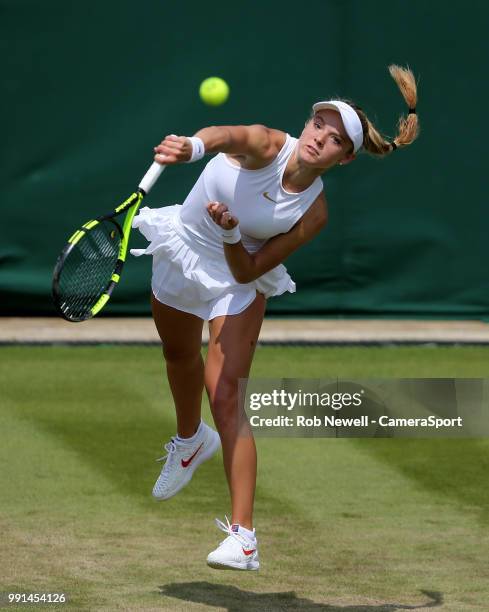 Katie Swan in action during her match against Mihaela Buzarnescu at All England Lawn Tennis and Croquet Club on July 4, 2018 in London, England.