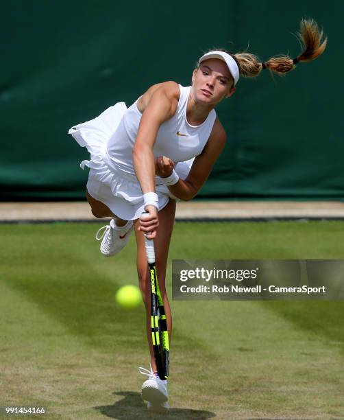 Katie Swan in action during her match against Mihaela Buzarnescu at All England Lawn Tennis and Croquet Club on July 4, 2018 in London, England.