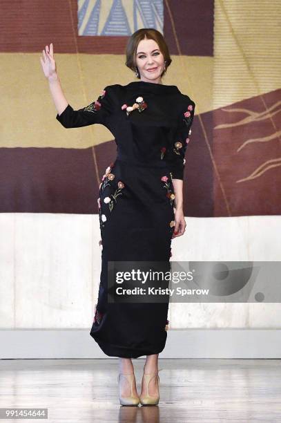 Designer Ulyana Sergeenko acknowledges the audience during the Ulyana Sergeenko Haute Couture Fall Winter 2018/2019 show as part of Paris Fashion...