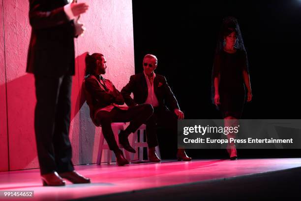 Imanol Arias , Aitor Luna and Guadalupe Lancho attend 'La Vida a palos' theatre play on July 4, 2018 in Madrid, Spain.