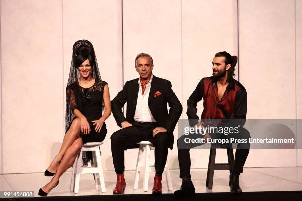 Imanol Arias , Aitor Luna and Guadalupe Lancho attend 'La Vida a palos' theatre play on July 4, 2018 in Madrid, Spain.